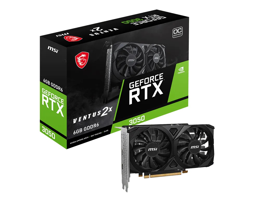  nVidia GeForce RTX3050 VENTUS 2X E 6GB OC GDDR6<BR>Clock up to 1492MHz, Max Resolution: 7680x4320, 1x DP/ 2x HDMI, PCI-E 4.0, 300W, 189x109x42mm  
